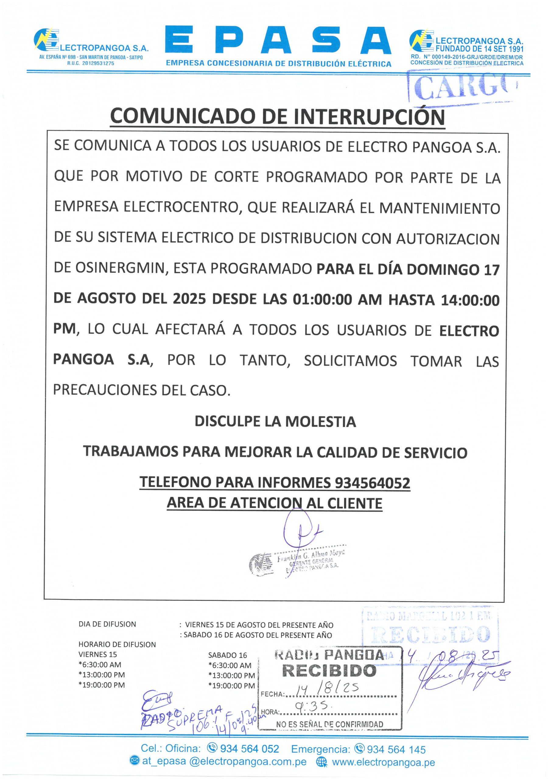 Comunicado: Comunicado de interrupción del servicio