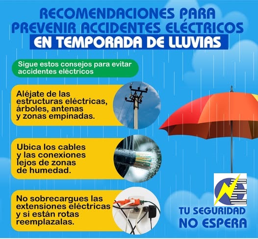 Recomendaciones para prevenir accidentes eléctricos en temporada de lluvias: alejarse de estructuras eléctricas, ubicar los cables lejos de la humedad y no sobrecargar las extensiones.